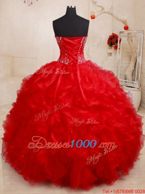 Sleeveless Organza Floor Length Lace Up Vestidos de Quinceanera in Red for with Beading and Ruffles