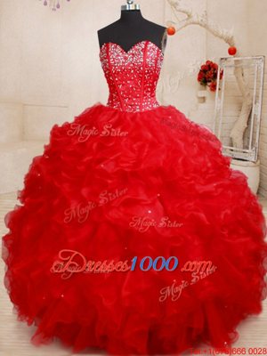 Sleeveless Organza Floor Length Lace Up Vestidos de Quinceanera in Red for with Beading and Ruffles