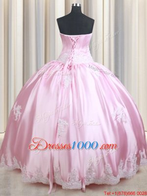 High End Taffeta Strapless Sleeveless Lace Up Appliques Quince Ball Gowns in Baby Pink