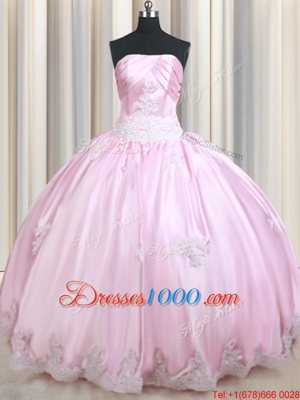 High End Taffeta Strapless Sleeveless Lace Up Appliques Quince Ball Gowns in Baby Pink