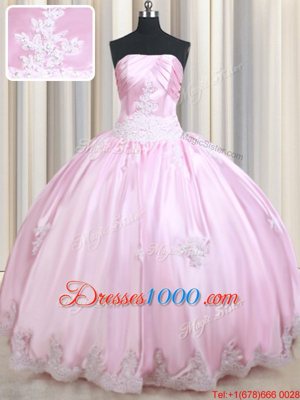 High End Taffeta Strapless Sleeveless Lace Up Appliques Quince Ball Gowns in Baby Pink