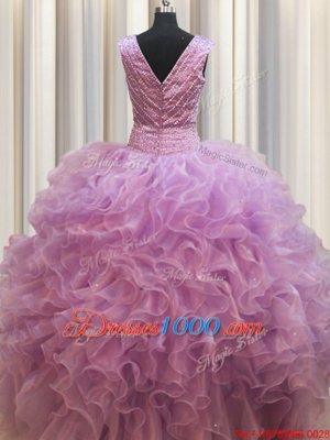 Comfortable Lilac Sleeveless Organza Lace Up Ball Gown Prom Dress for Military Ball and Sweet 16 and Quinceanera