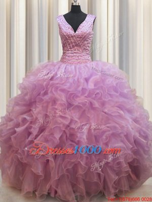 Comfortable Lilac Sleeveless Organza Lace Up Ball Gown Prom Dress for Military Ball and Sweet 16 and Quinceanera