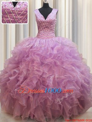 Comfortable Lilac Sleeveless Organza Lace Up Ball Gown Prom Dress for Military Ball and Sweet 16 and Quinceanera