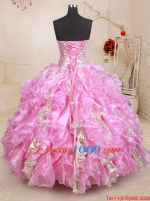 Noble Lilac Sleeveless Floor Length Beading and Ruffles and Sequins Lace Up Sweet 16 Quinceanera Dress