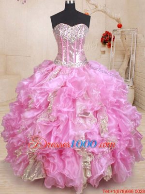 Noble Lilac Sleeveless Floor Length Beading and Ruffles and Sequins Lace Up Sweet 16 Quinceanera Dress