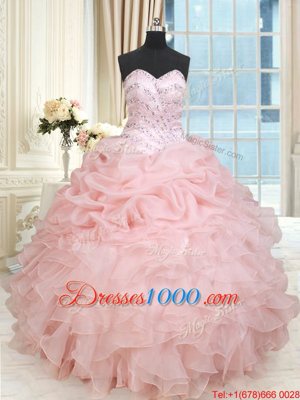 Simple Sleeveless Lace Up Floor Length Beading and Ruffles and Pick Ups 15 Quinceanera Dress