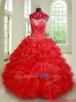 See Through Beading and Ruffles and Pick Ups 15th Birthday Dress Red Lace Up Sleeveless Floor Length