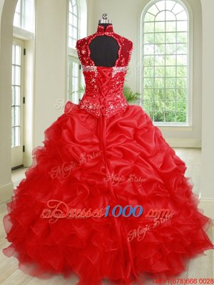 See Through Beading and Ruffles and Pick Ups 15th Birthday Dress Red Lace Up Sleeveless Floor Length