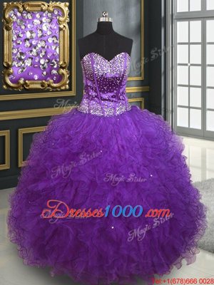 Sleeveless Organza Floor Length Lace Up Quinceanera Dresses in Pink for with Beading and Ruffles