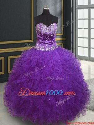 Cheap Eggplant Purple Lace Up Ball Gown Prom Dress Beading and Ruffles Sleeveless Floor Length