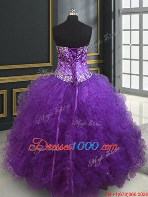Cheap Eggplant Purple Lace Up Ball Gown Prom Dress Beading and Ruffles Sleeveless Floor Length