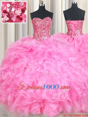 Glittering Sleeveless Floor Length Beading and Ruffles and Sequins Lace Up Sweet 16 Quinceanera Dress with Rose Pink