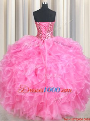 Glittering Sleeveless Floor Length Beading and Ruffles and Sequins Lace Up Sweet 16 Quinceanera Dress with Rose Pink