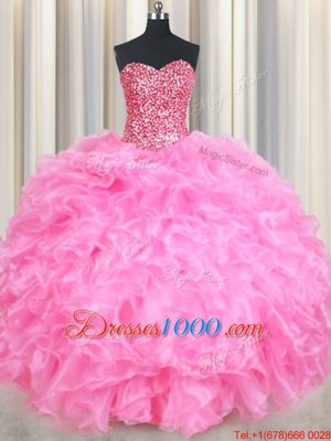 Glittering Sleeveless Floor Length Beading and Ruffles and Sequins Lace Up Sweet 16 Quinceanera Dress with Rose Pink