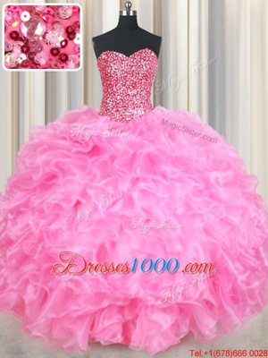 Glittering Sleeveless Floor Length Beading and Ruffles and Sequins Lace Up Sweet 16 Quinceanera Dress with Rose Pink