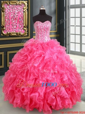 Glittering Floor Length Lace Up 15 Quinceanera Dress Hot Pink and In for Military Ball and Sweet 16 and Quinceanera with Beading and Ruffles and Sequins