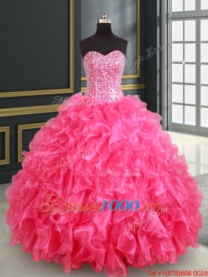 Glittering Floor Length Lace Up 15 Quinceanera Dress Hot Pink and In for Military Ball and Sweet 16 and Quinceanera with Beading and Ruffles and Sequins