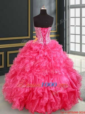 Glittering Floor Length Lace Up 15 Quinceanera Dress Hot Pink and In for Military Ball and Sweet 16 and Quinceanera with Beading and Ruffles and Sequins