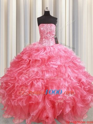 Decent Pink Sweet 16 Quinceanera Dress Military Ball and Sweet 16 and Quinceanera and For with Beading and Ruffles Strapless Sleeveless Lace Up