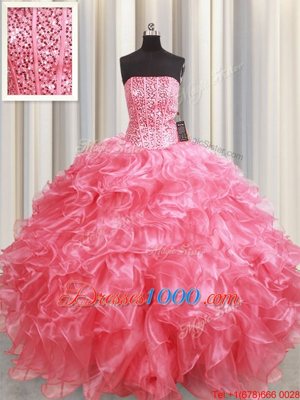 Decent Pink Sweet 16 Quinceanera Dress Military Ball and Sweet 16 and Quinceanera and For with Beading and Ruffles Strapless Sleeveless Lace Up