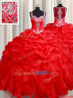 Organza Straps Sleeveless Zipper Beading and Ruffles Sweet 16 Dress in Red