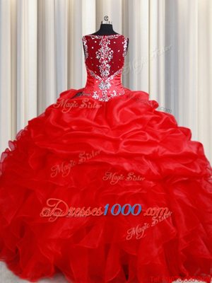 Organza Straps Sleeveless Zipper Beading and Ruffles Sweet 16 Dress in Red