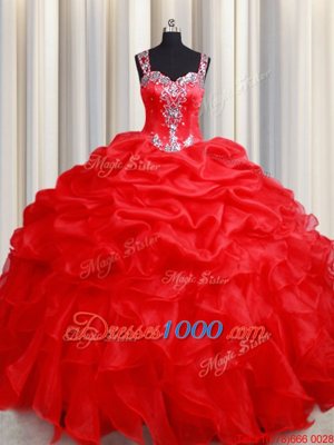 Organza Straps Sleeveless Zipper Beading and Ruffles Sweet 16 Dress in Red