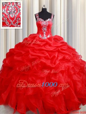 Organza Straps Sleeveless Zipper Beading and Ruffles Sweet 16 Dress in Red