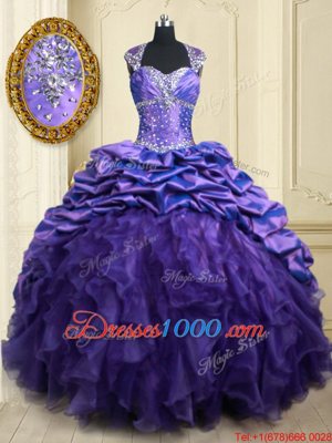 High Class Purple Straps Lace Up Beading and Ruffles and Pick Ups Sweet 16 Dress Brush Train Cap Sleeves