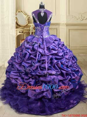High Class Purple Straps Lace Up Beading and Ruffles and Pick Ups Sweet 16 Dress Brush Train Cap Sleeves
