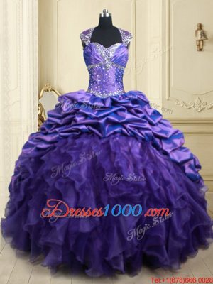 High Class Purple Straps Lace Up Beading and Ruffles and Pick Ups Sweet 16 Dress Brush Train Cap Sleeves