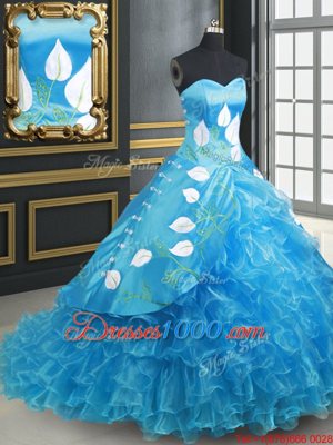 Glorious Sleeveless With Train Embroidery and Ruffled Layers Lace Up Quinceanera Dress with Baby Blue Brush Train