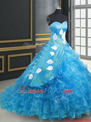 Glorious Sleeveless With Train Embroidery and Ruffled Layers Lace Up Quinceanera Dress with Baby Blue Brush Train