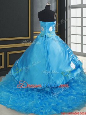 Glorious Sleeveless With Train Embroidery and Ruffled Layers Lace Up Quinceanera Dress with Baby Blue Brush Train