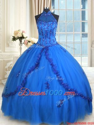 Flare See Through Ball Gowns Vestidos de Quinceanera Blue Halter Top Tulle Sleeveless Floor Length Lace Up