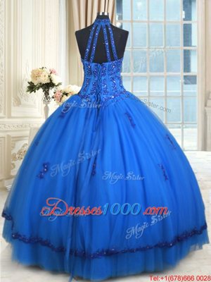 Flare See Through Ball Gowns Vestidos de Quinceanera Blue Halter Top Tulle Sleeveless Floor Length Lace Up