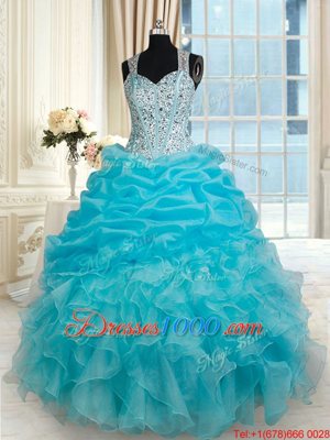 Aqua Blue Straps Zipper Beading and Ruffles and Pick Ups Quince Ball Gowns Sleeveless