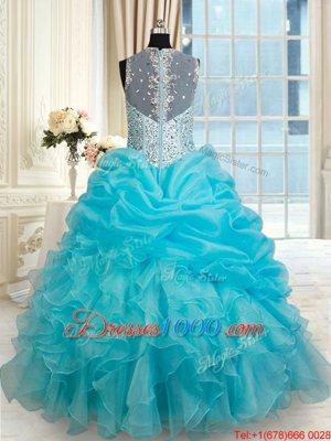 Aqua Blue Straps Zipper Beading and Ruffles and Pick Ups Quince Ball Gowns Sleeveless