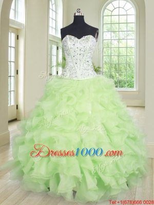 Sumptuous Yellow Green Lace Up Quinceanera Gowns Beading and Ruffles Sleeveless Floor Length