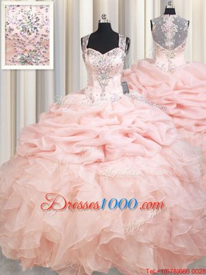 Pink Ball Gowns Straps Sleeveless Organza Brush Train Zipper Beading and Ruffles and Pick Ups Sweet 16 Dress