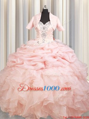 Pink Ball Gowns Straps Sleeveless Organza Brush Train Zipper Beading and Ruffles and Pick Ups Sweet 16 Dress