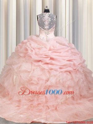 Pink Ball Gowns Straps Sleeveless Organza Brush Train Zipper Beading and Ruffles and Pick Ups Sweet 16 Dress