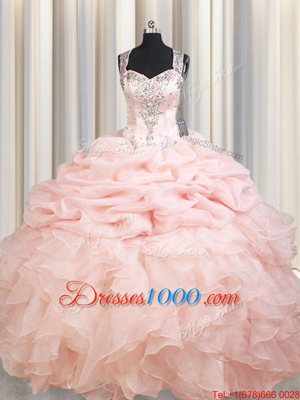 Pink Ball Gowns Straps Sleeveless Organza Brush Train Zipper Beading and Ruffles and Pick Ups Sweet 16 Dress