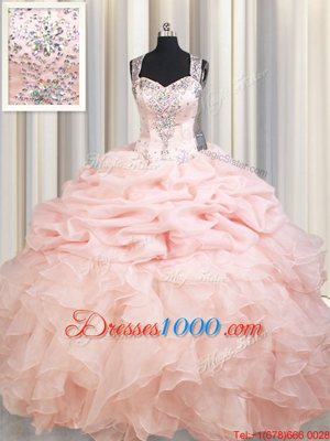 Pink Ball Gowns Straps Sleeveless Organza Brush Train Zipper Beading and Ruffles and Pick Ups Sweet 16 Dress