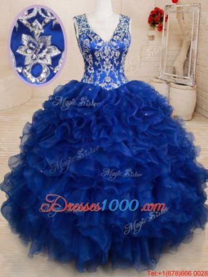 Backless Royal Blue Sleeveless Beading and Embroidery and Ruffles Floor Length 15th Birthday Dress