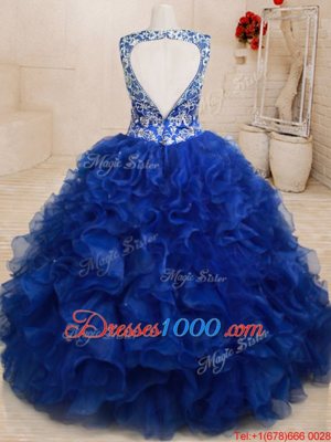 Backless Royal Blue Sleeveless Beading and Embroidery and Ruffles Floor Length 15th Birthday Dress