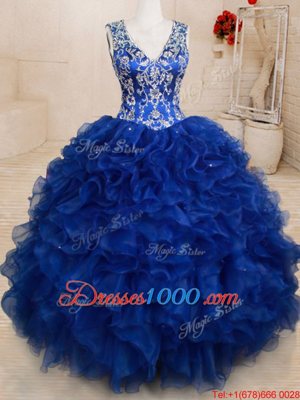 Backless Royal Blue Sleeveless Beading and Embroidery and Ruffles Floor Length 15th Birthday Dress