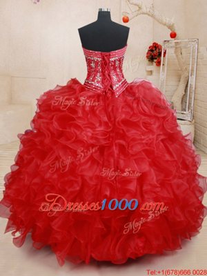 Pretty Floor Length Lace Up Sweet 16 Dress Red and In for Military Ball and Sweet 16 and Quinceanera with Beading and Ruffles