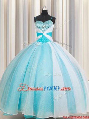 Latest White and Blue Ball Gowns Organza Spaghetti Straps Sleeveless Beading Floor Length Lace Up Quinceanera Gown